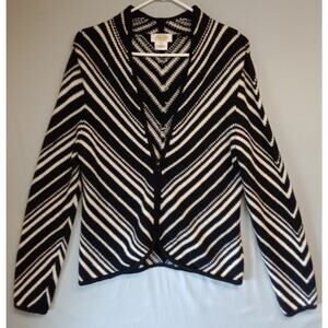 Talbots Sweater Womens M Black White Striped 100% Wool 1/2 Zip Long Sleeve